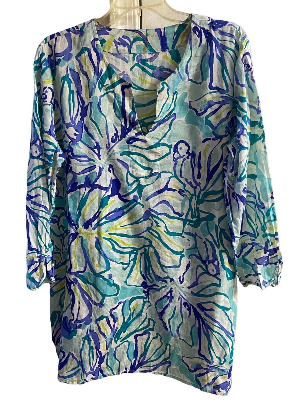 Lilly Pulitzer Blue Green Floral Parrot Print Cotton V-Neck Tunic Top Cover Up L